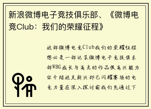 新浪微博电子竞技俱乐部、《微博电竞Club：我们的荣耀征程》